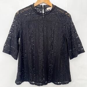 Loft Lace Blouse Mock Neck Half Sleeve Keyhole Back Soft Girl Size Medium Black